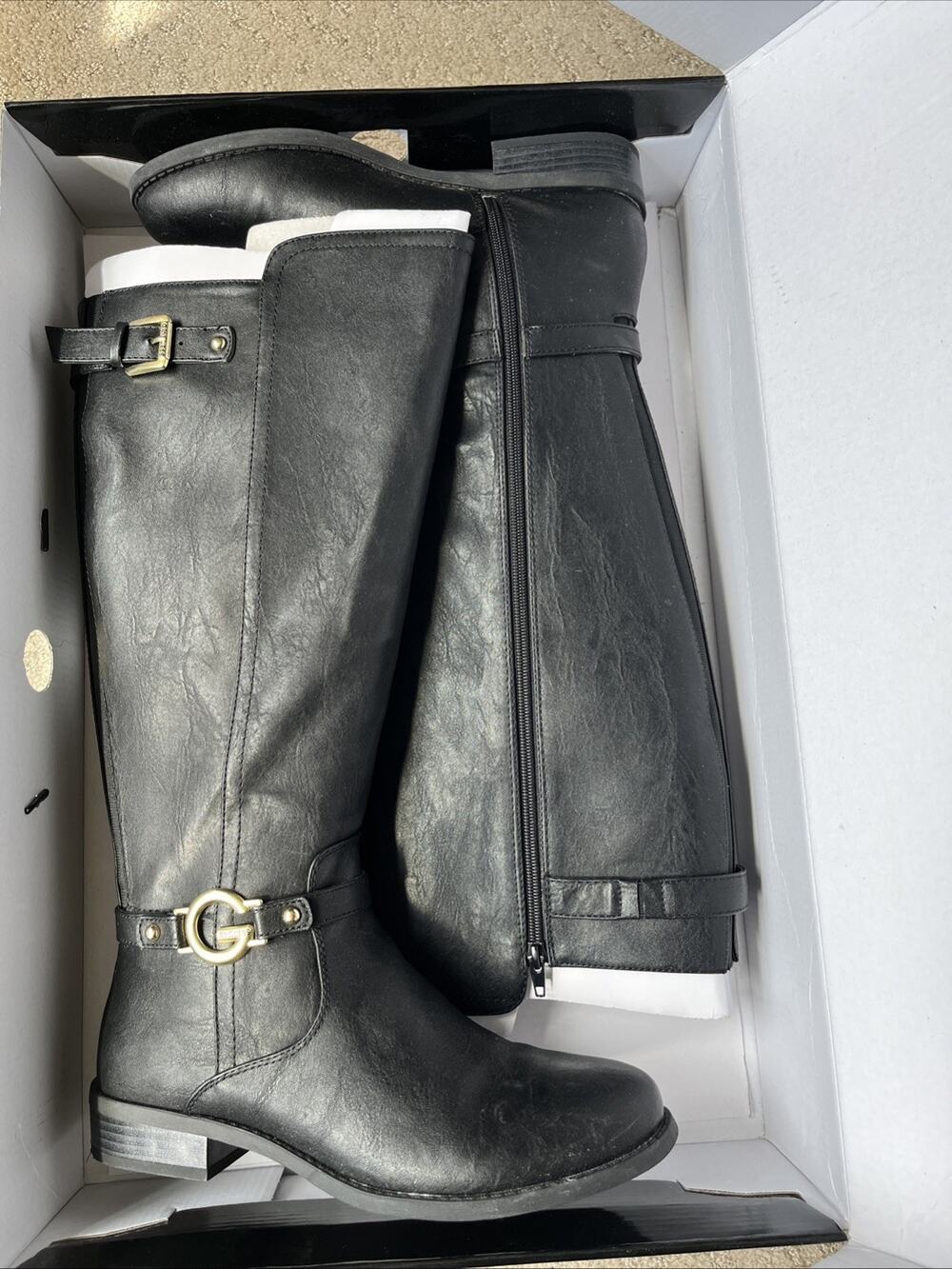 NIB G by GUESS Hustle Wide Calf Riding Boots Black Gold Hardware Sz 9.5 M
